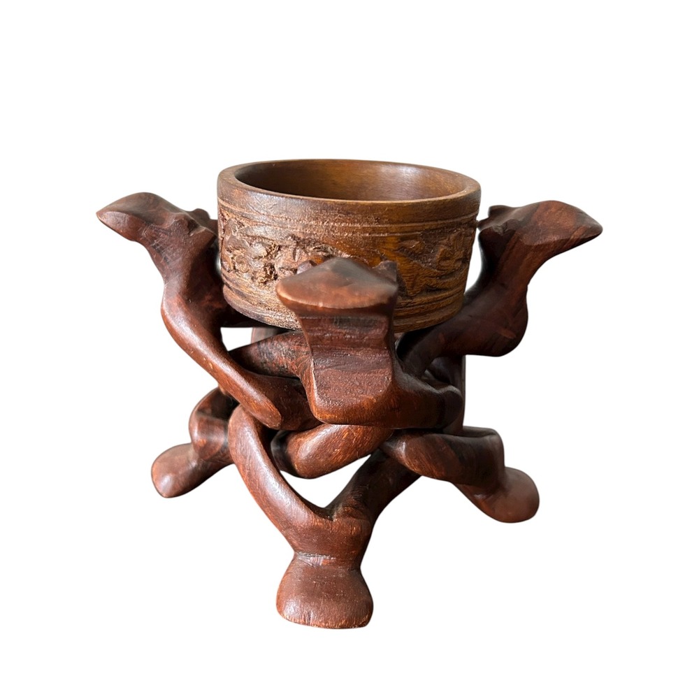 Vintage Hand Crafted Teak Wood Bowl & Folding Puzzle Stand Rustic Decor Trinket